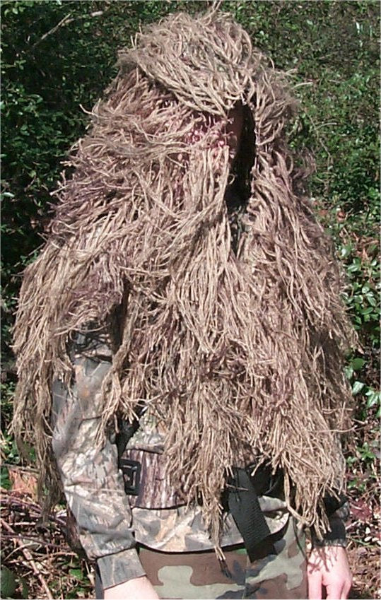 2 x 3 foot ghillie backpack cover / veil in Desert, front worn as a veil view