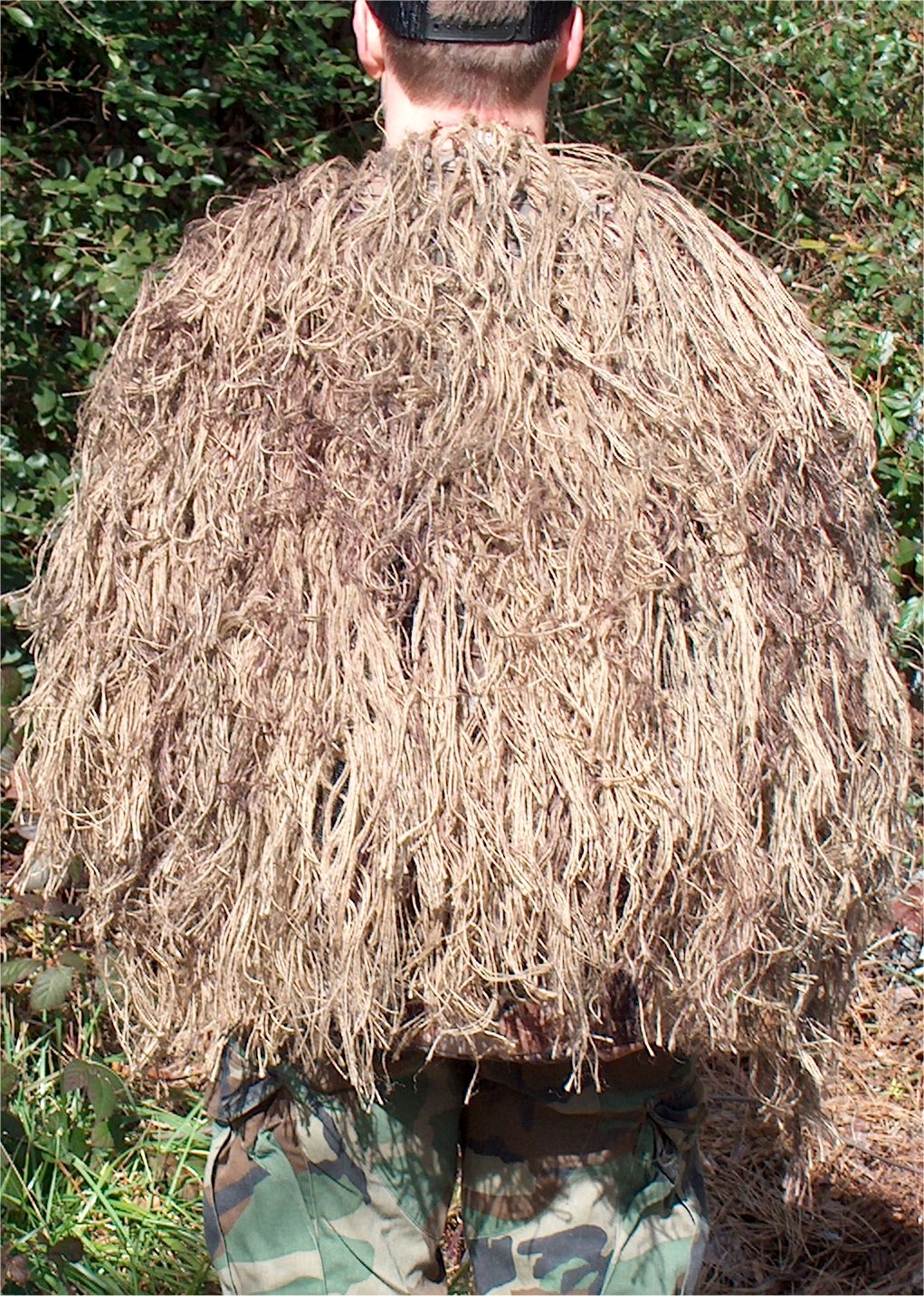 2 x 3 foot ghillie backpack cover / veil in Desert, back view