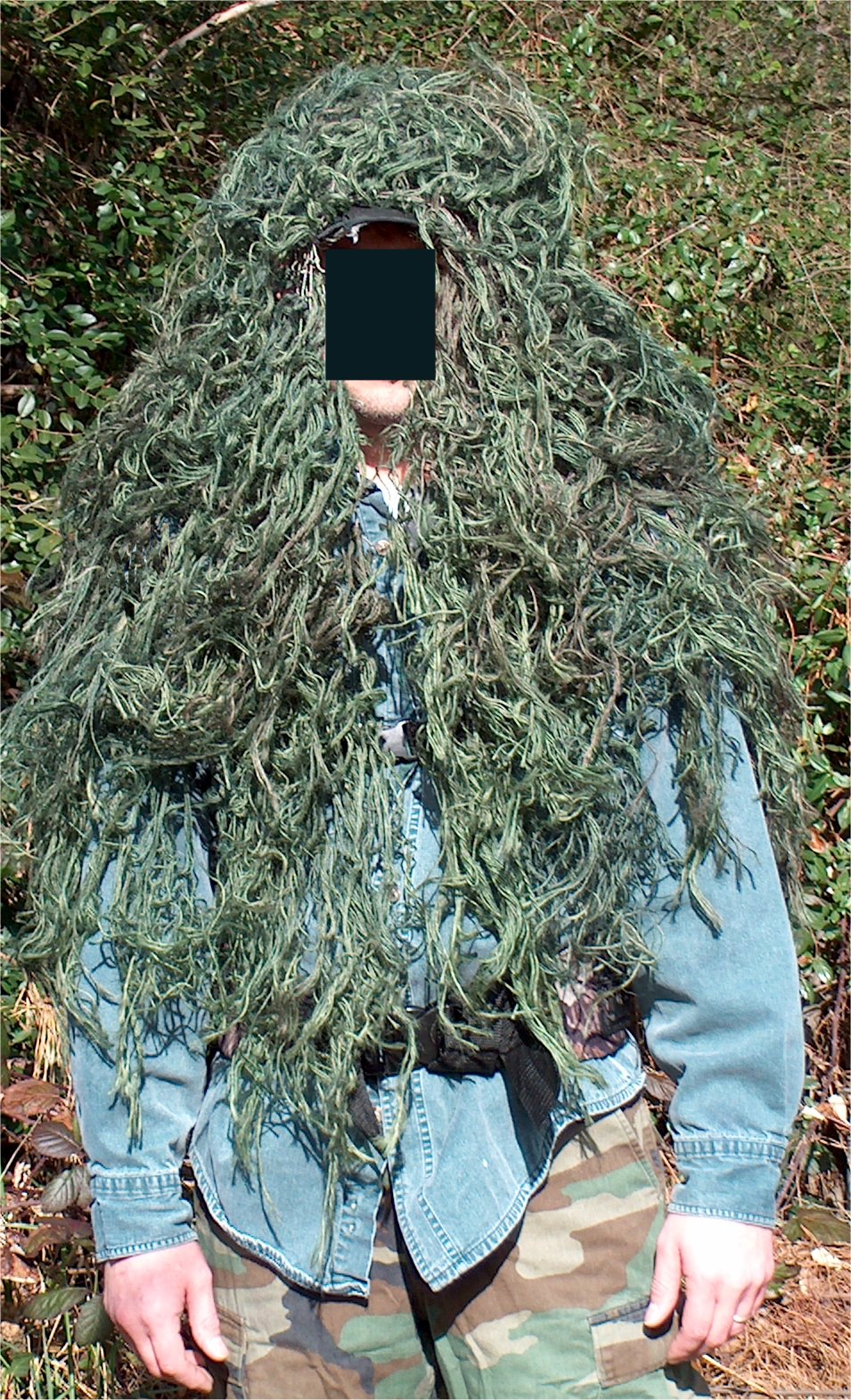 2 x 3 foot ghillie backpack cover / veil in Leafy Green, front worn as a veil view