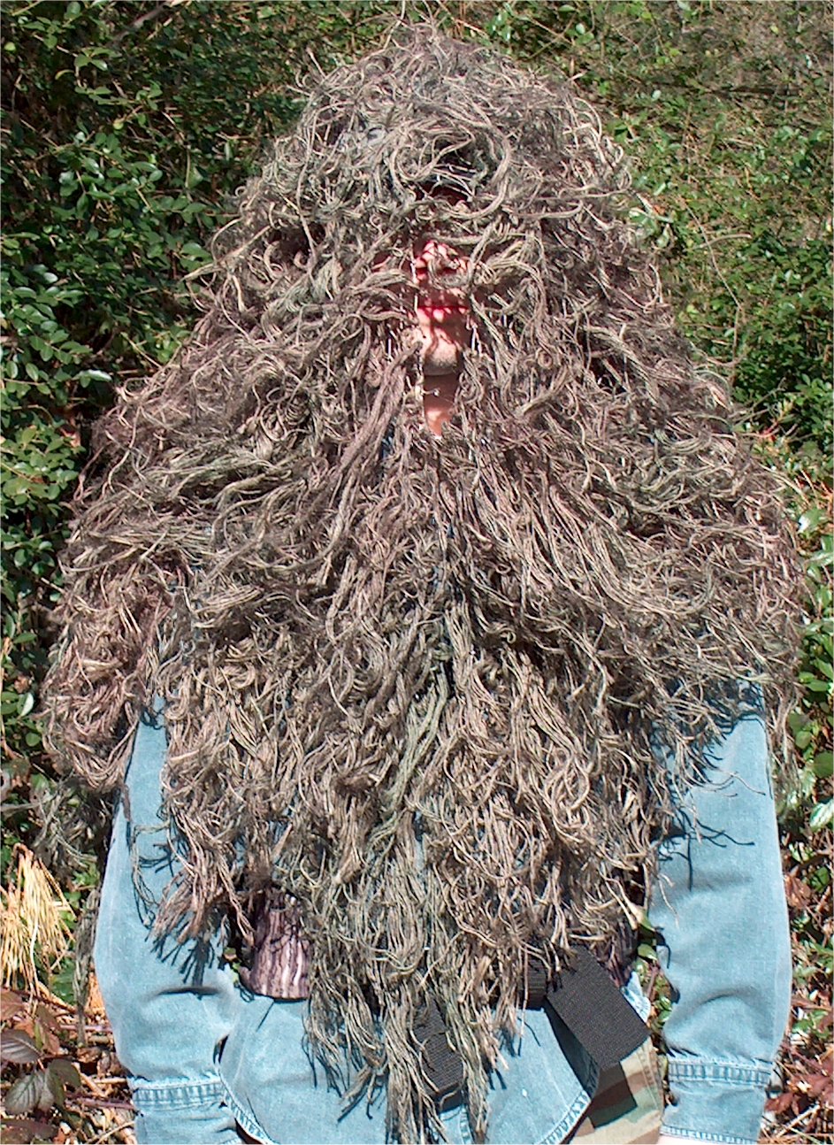 2 x 3 foot ghillie backpack cover / veil in Mossy, front worn as a veil view