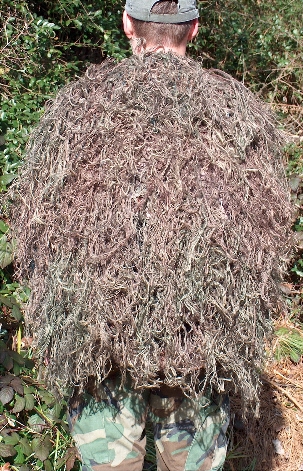 2 x 3 foot ghillie backpack cover / veil in Mossy, back view