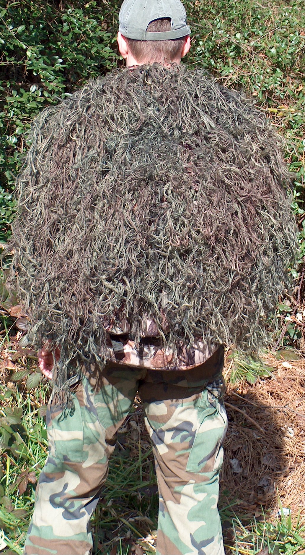 2 x 3 foot ghillie backpack cover / veil in Woodland, back view