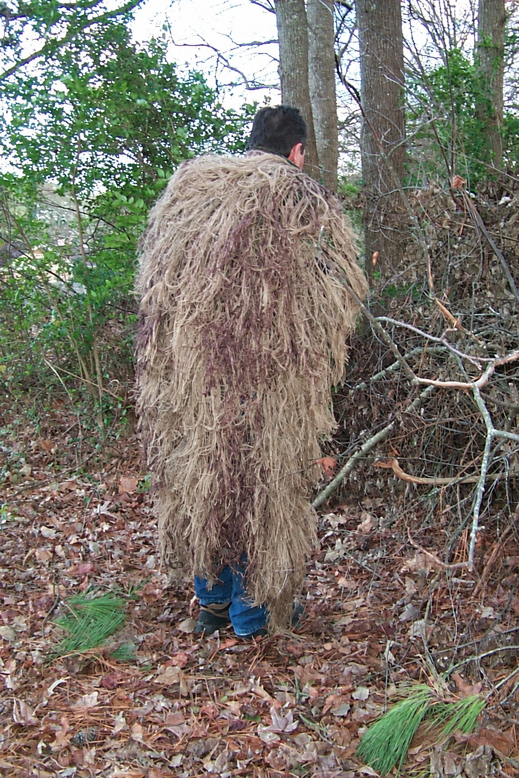 Large 3 x 4 foot ghillie backpack cover in Desert, back view