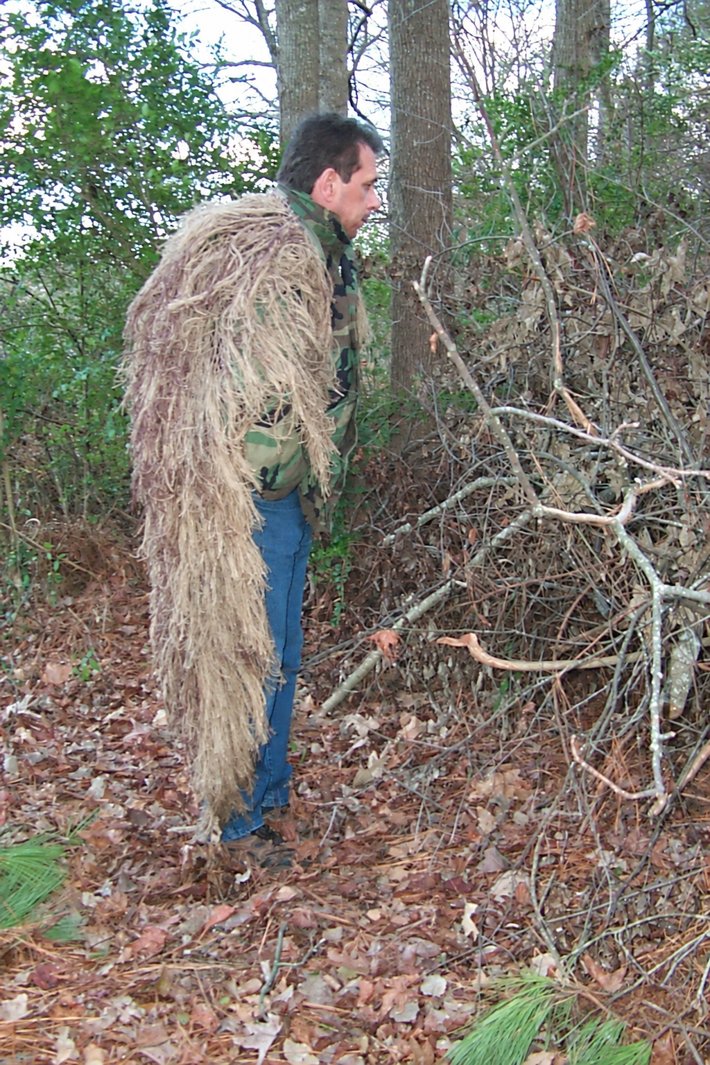 Large 3 x 4 foot ghillie backpack cover in Desert, side view
