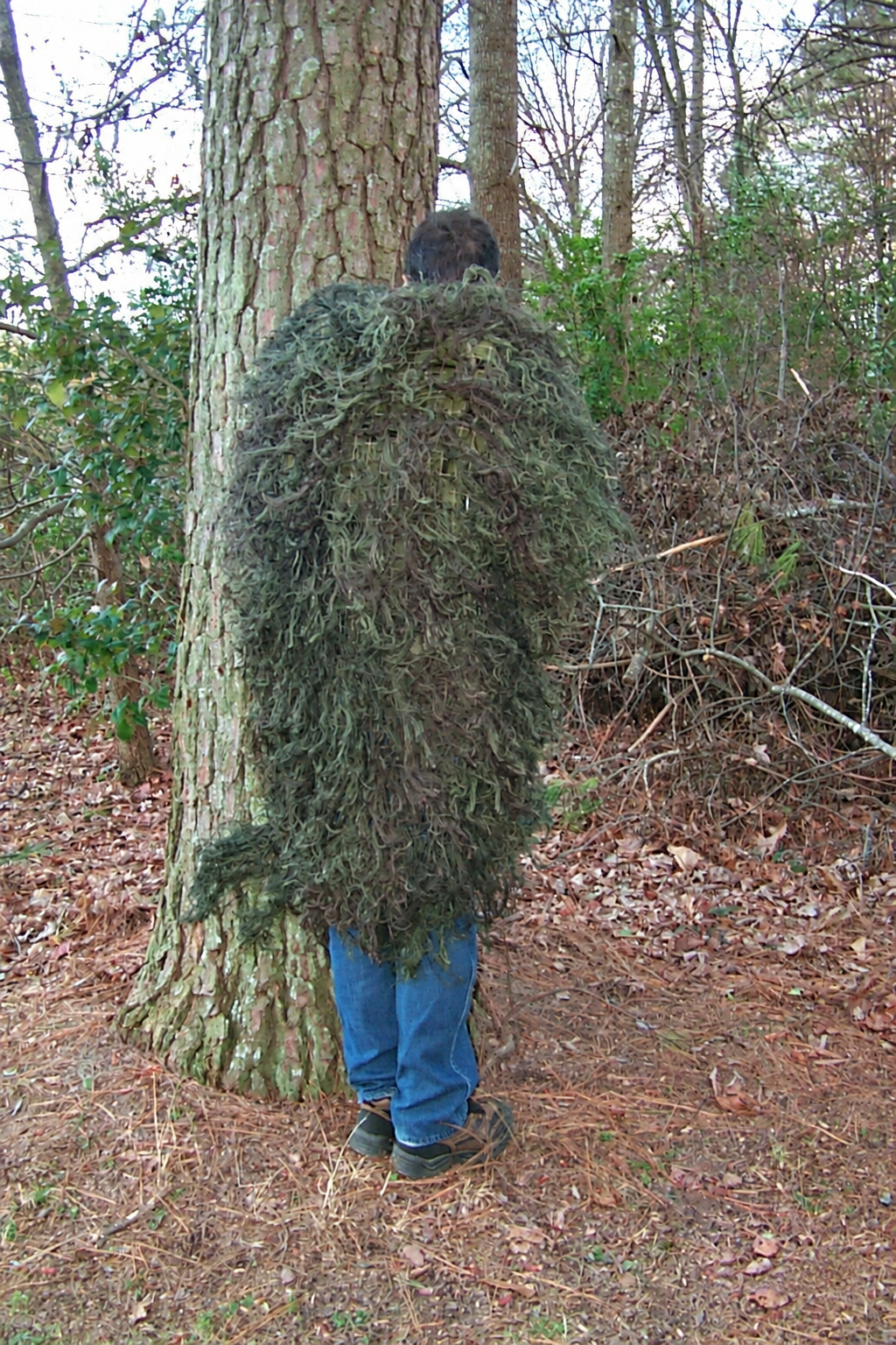 Large 3 x 4 foot ghillie backpack cover in Woodland, back view
