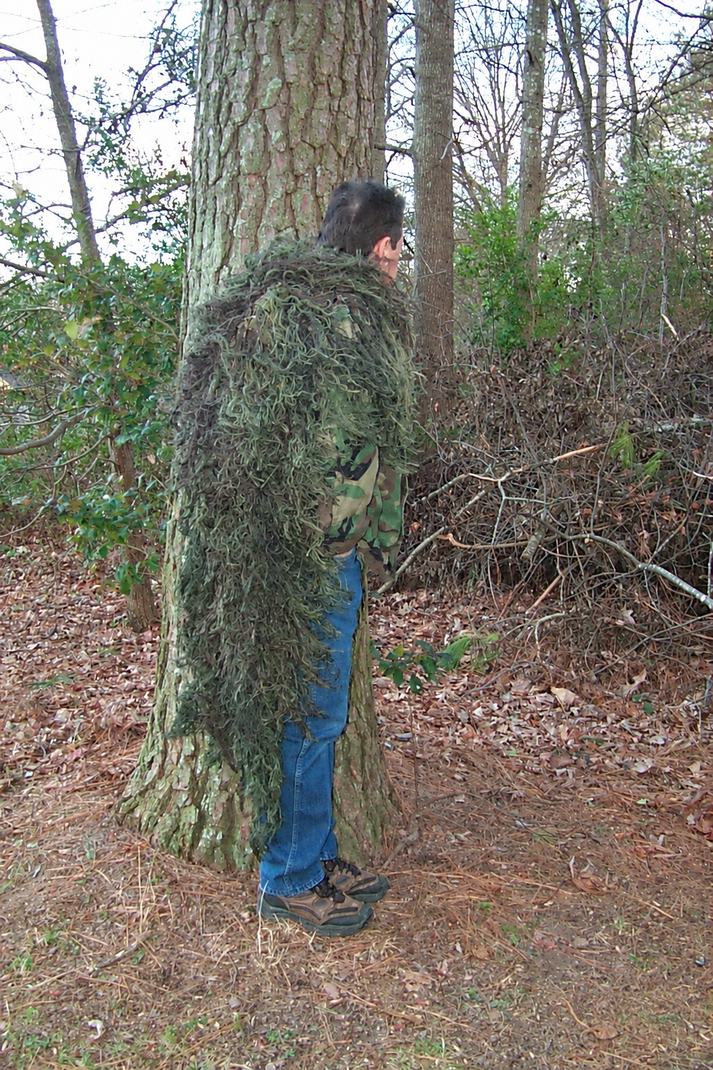 Large 3 x 4 foot ghillie backpack cover in Woodland, side view