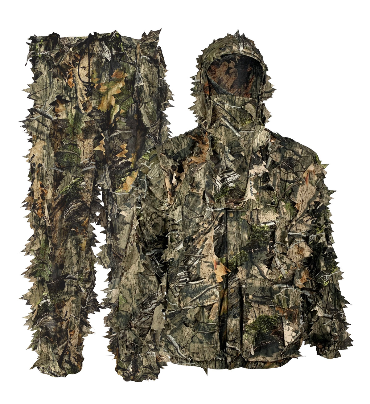 Mossy Oak DNA. A full-body two-piece ghillie suit with hood, covered in a leafy camoflauge material. 