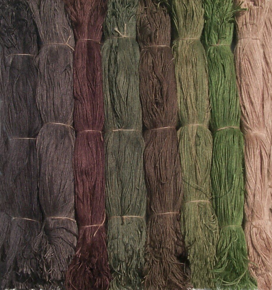 Jute thread color selection: black, grey, brown, dark green, olive green, light olive, lime green, and tan