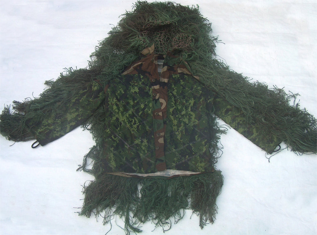 Jute sniper ghillie jacket in leafy green camouflage