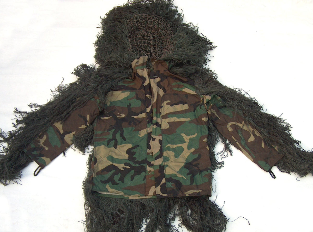 Jute sniper ghillie jacket in woodland camouflage