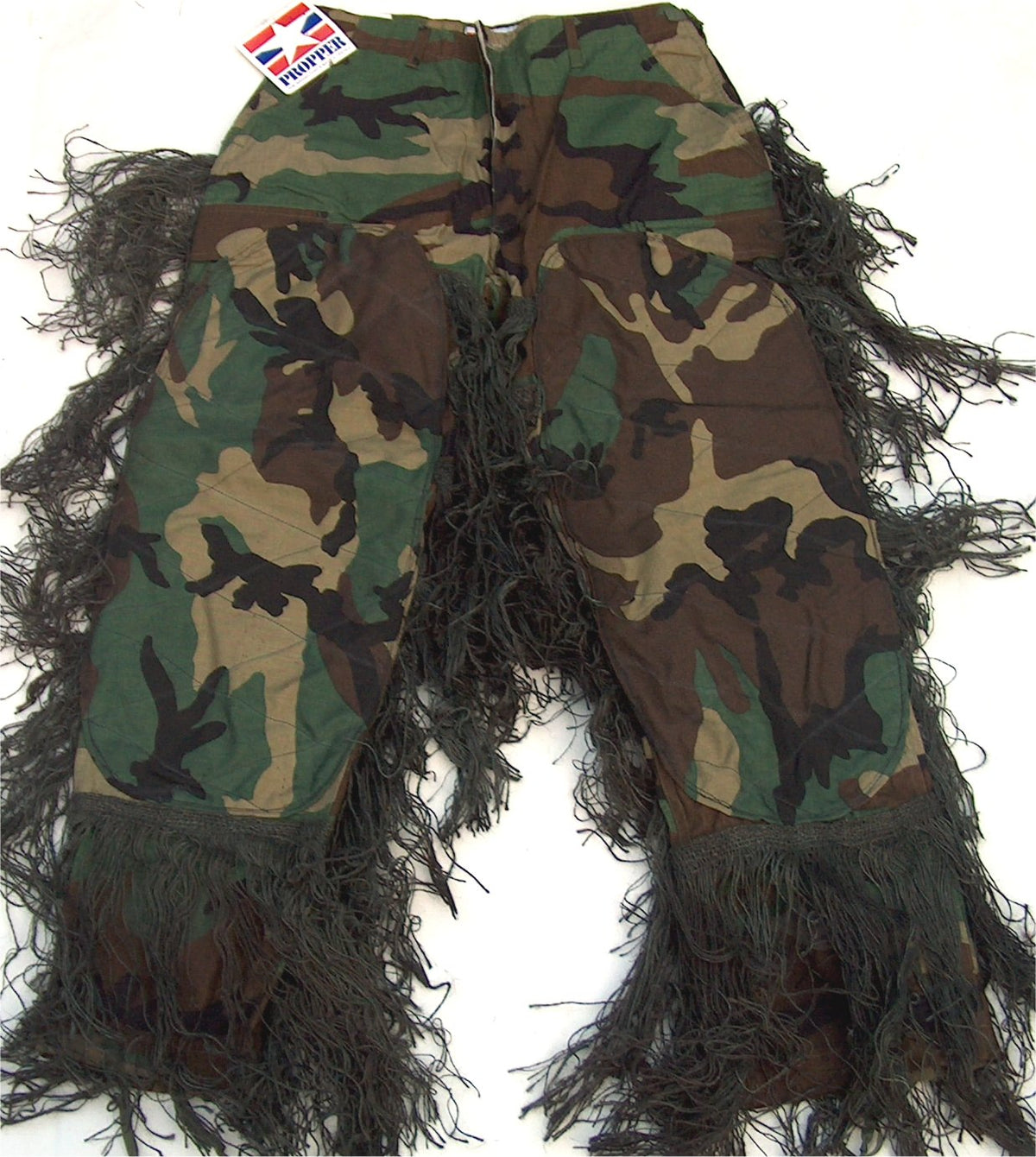 Jute sniper ghillie pants in woodland camouflage
