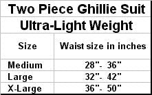 Adult suit waist size chart: Medium 28–36 inches, Large 32–42 inches, X-Large 36–50 inches