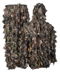 Camouflage hunting suit with leafy design on a white background