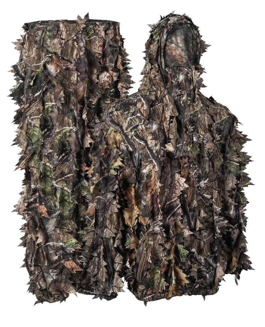 Camouflage hunting suit with leafy design on a white background